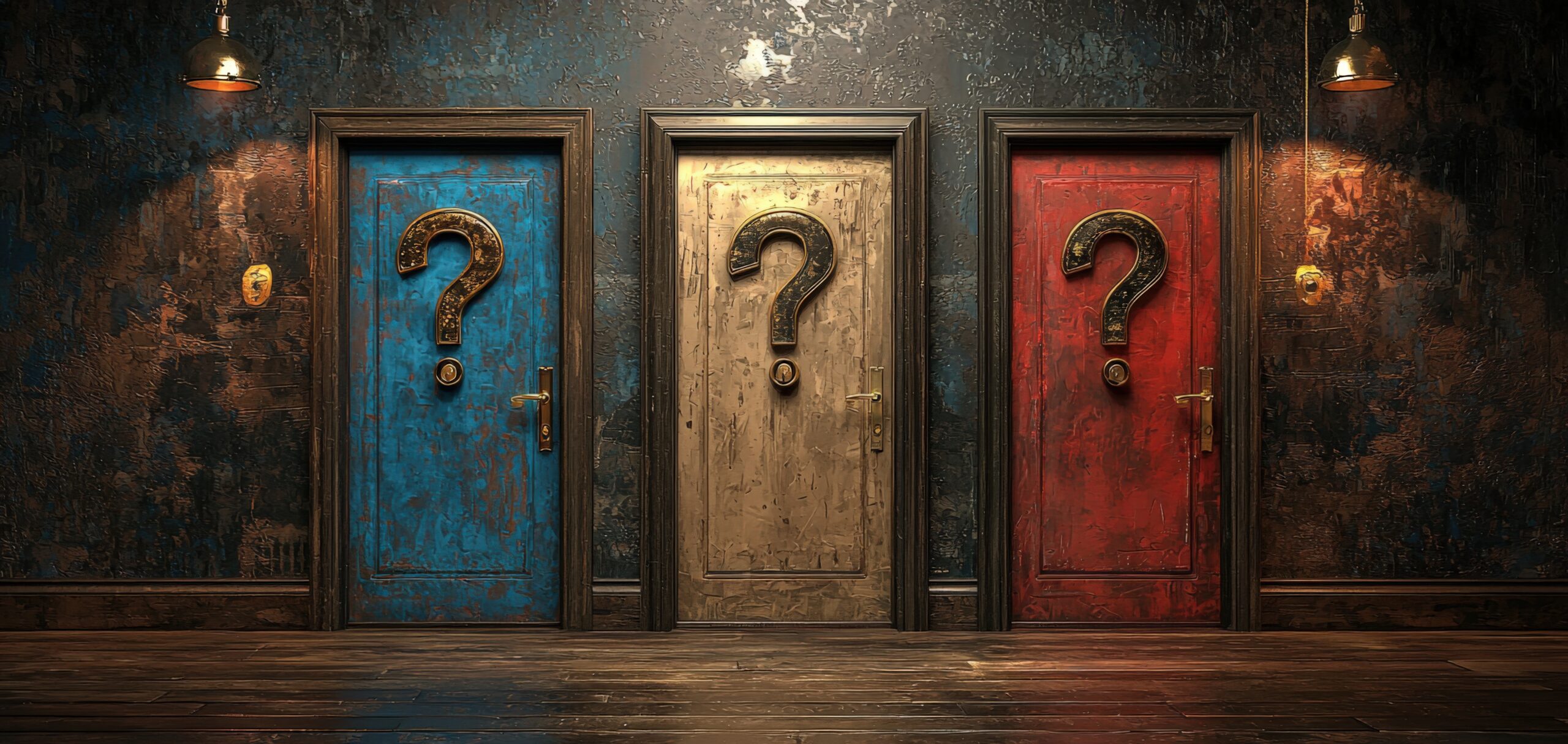 Three colorful doors with question marks
