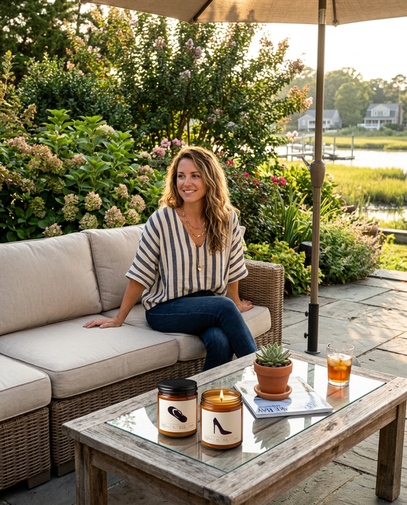 Firefly_Gemini Flash_Trendy woman 30 years old who is from the eastern shore in Maryland is sitting on a c 684031