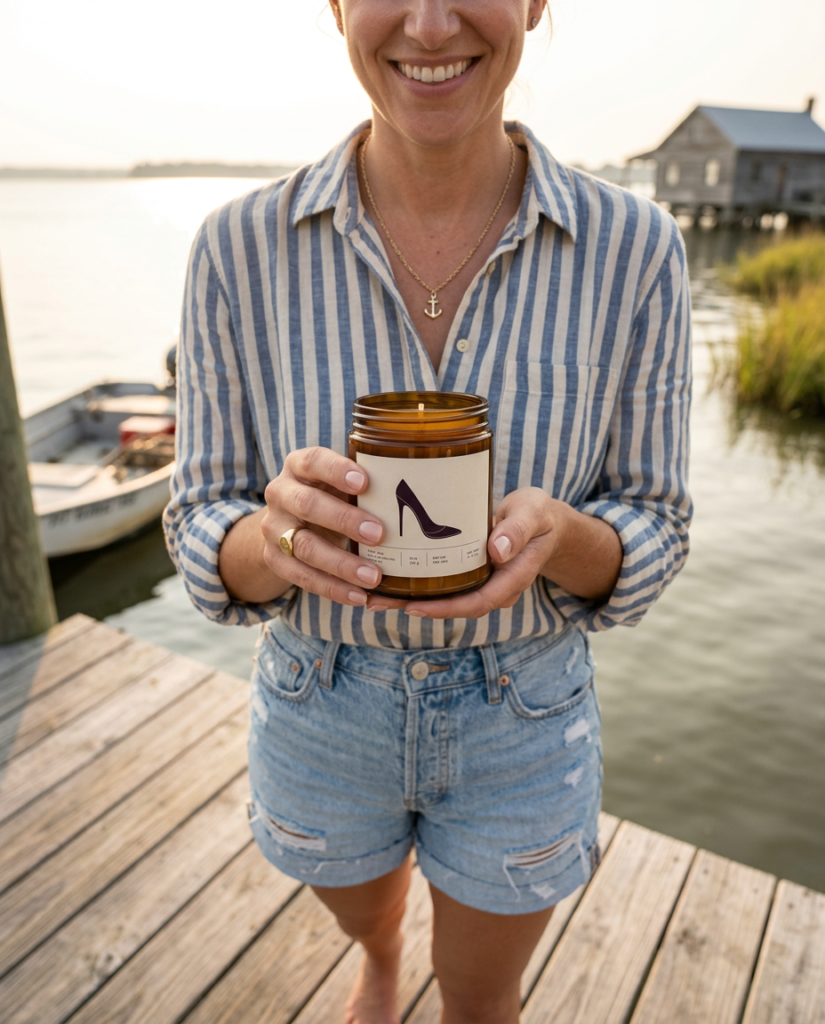 Firefly_Gemini Flash_Trendy woman in her late 30s from the eastern shore in maryland holding this candle l 684031